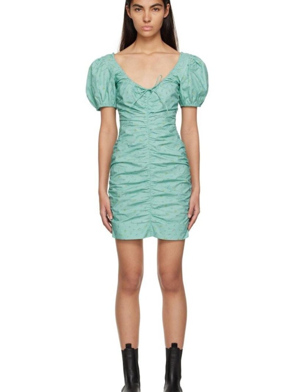 NWT Ganni puff sleeve minidress cotton green floral back zipper size 40/8/10